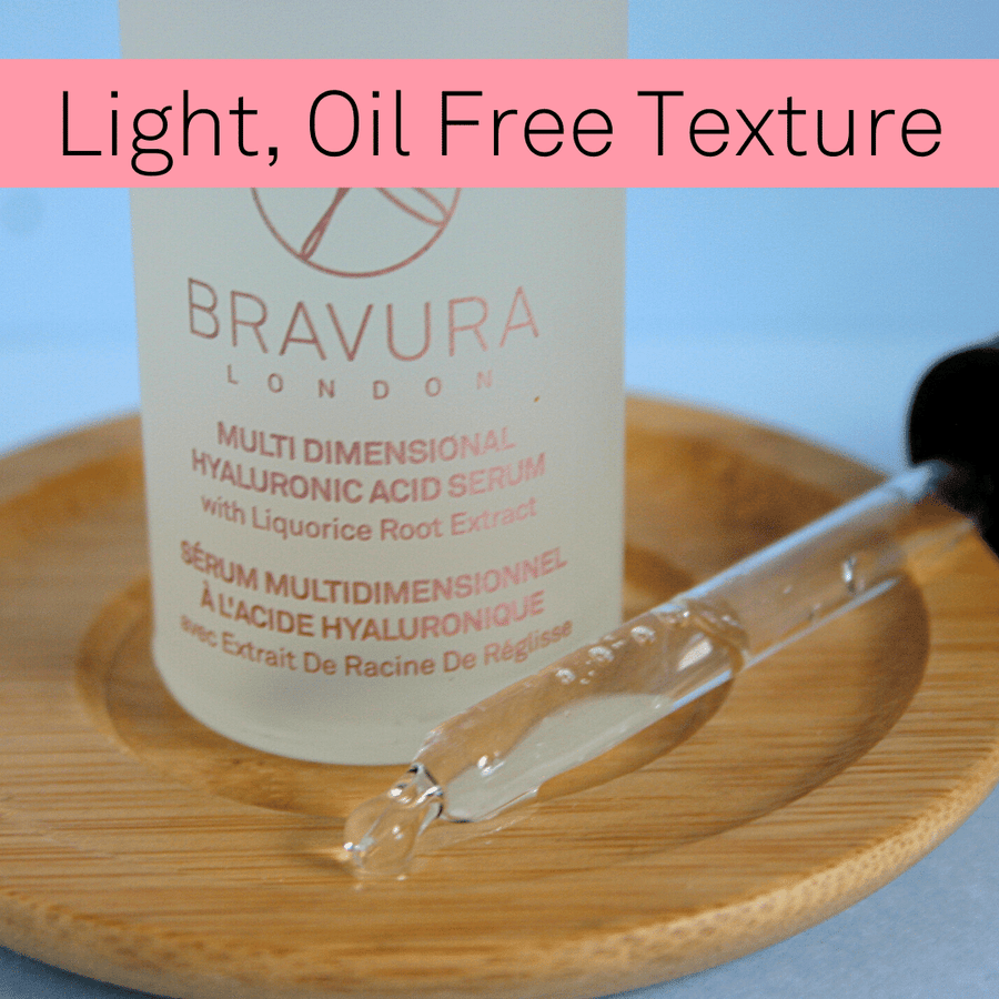 Hyaluronic acid serum bottle with light, oil free texture written above